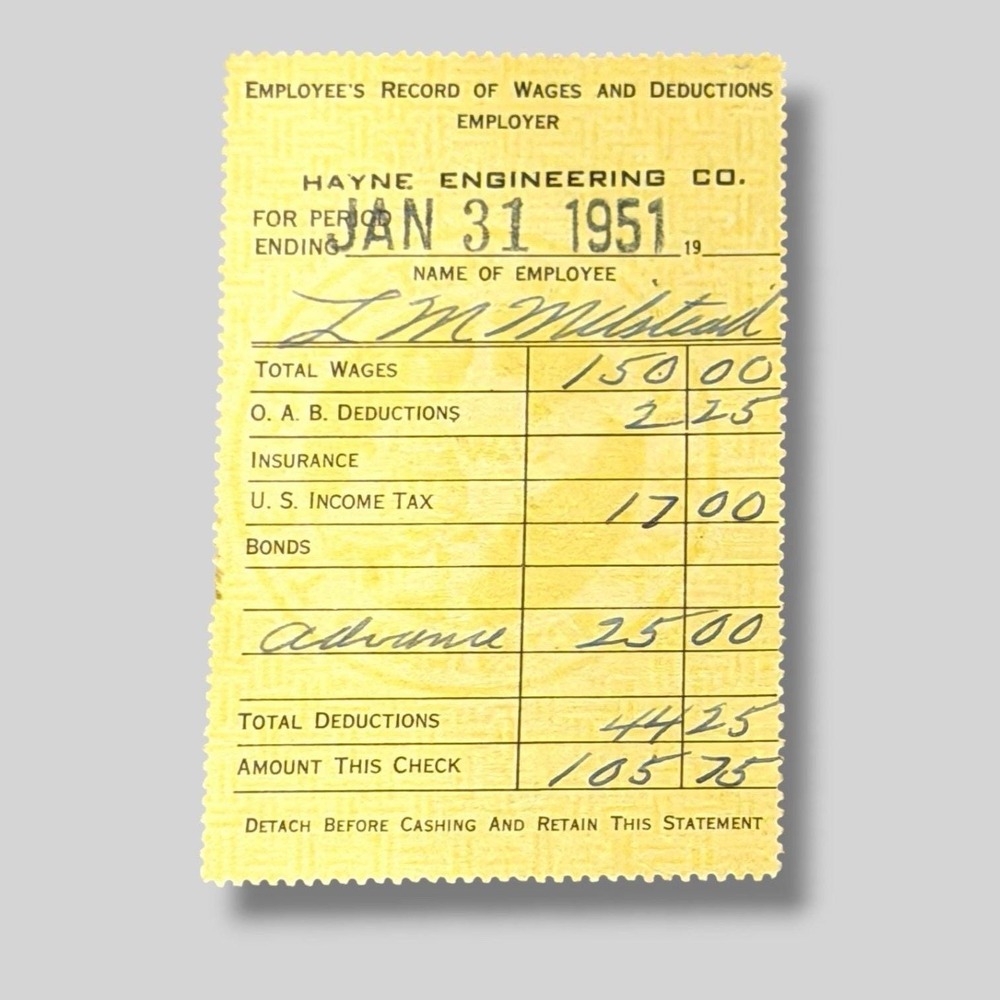 Hayne Engineering Co Employee Vintage Pay Stub January 31 1951 G476